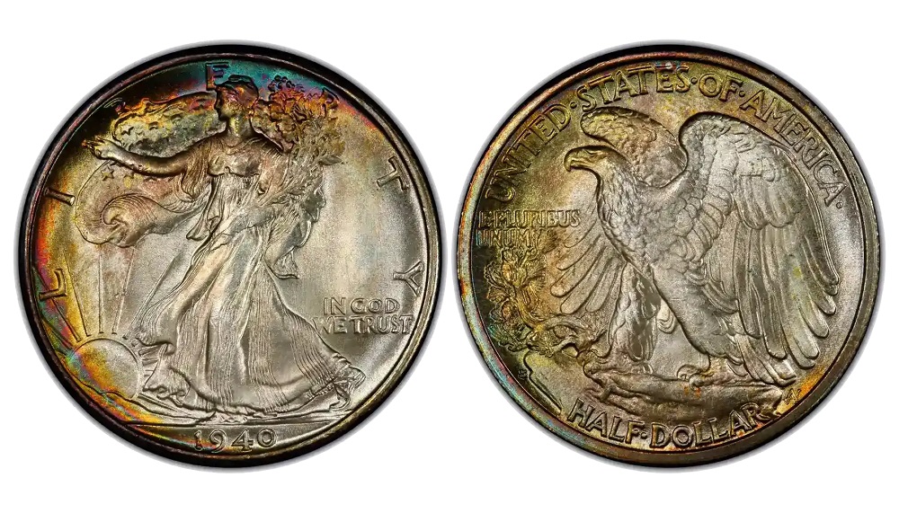 1940 Walking Liberty half dollar doubled die obverse showing doubling in LIBERTY lettering