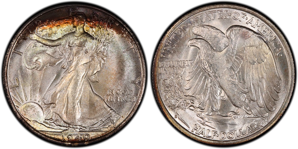 1940 Walking Liberty half dollar mintage group showing Philadelphia and San Francisco specimens