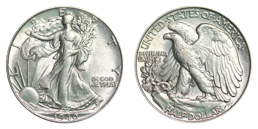 1940 Walking Liberty half dollar grading strip showing four condition tiers from worn to gem mint state